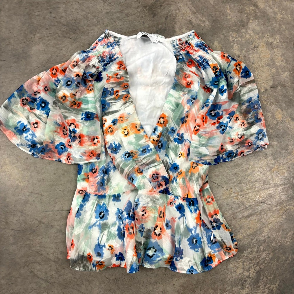 Tanya Taylor Floral Wrap Blouse Smocked Flutter Sleeve Peplum Top Multi Small